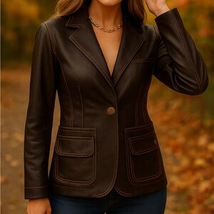 Elegant Dark Brown Faux Leather Blazer